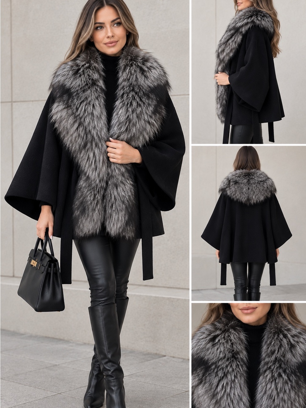 New cashmere poncho coat with luxurious natural silver fox fur oversized